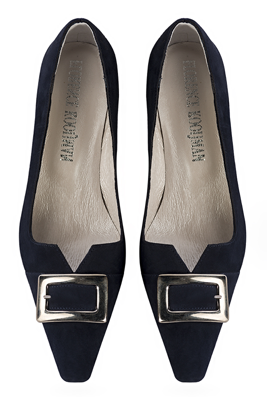 Navy blue women's dress pumps,with a square neckline. Tapered toe. Medium spool heels. Top view - Florence KOOIJMAN
